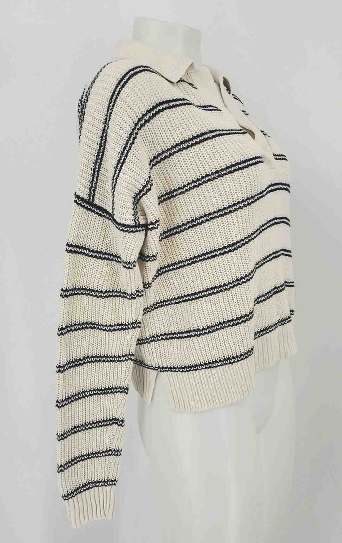 FAHERTY Beige Navy Linen & Cotton Stripe Pullover Size X-SMALL Sweater