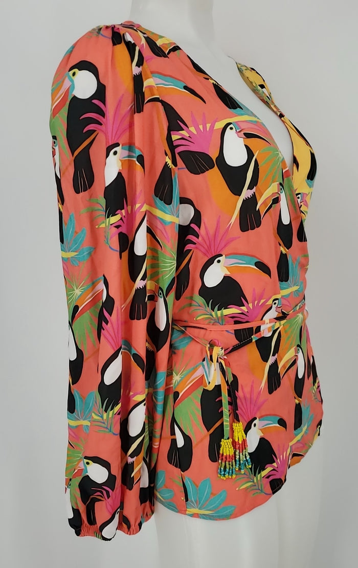 FARM RIO Orange & Yellow Black Multi Toucan Wrap Size MEDIUM (M) Top