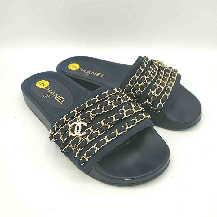 CHANEL Navy Gold Made in Italy Sandal Shoe Size 37 US: 7 Shoes