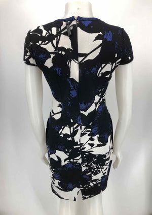 ST. JOHN Black & Tan Royal Blue Knit Floral Print Cap Sleeve Size 4  (S) Dress