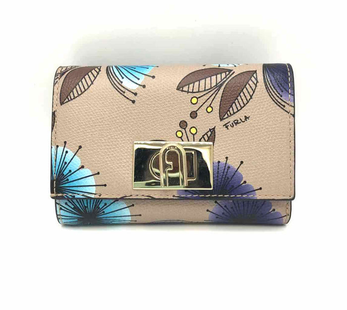 FURLA Beige Blue & Purple Leather Floral Tri fold Wallet