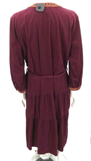 JOHNNY WAS Burgundy Corduroy Embroidered Trim w/belt Size X-LARGE Dress