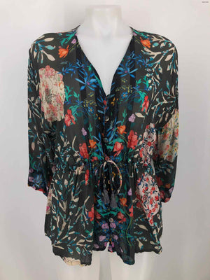 JOHNNY WAS Black Blue Multi Silk Floral Print 3/4 Sleeve Size SMALL (S) Top