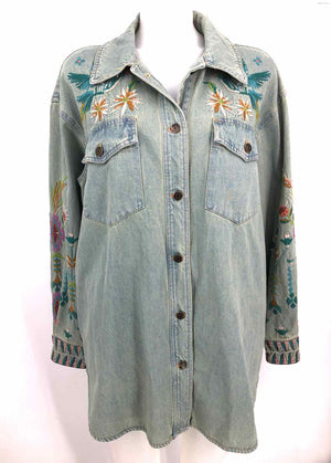 JOHNNY WAS Lt Blue Turquoise Embroidered Shacket Women Size LARGE  (L) Jacket