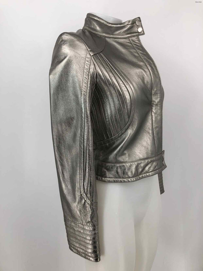 BEBE Silver Leather Metallic Moto Women Size L/XL  (XL) Jacket