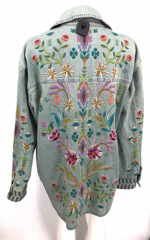 JOHNNY WAS Lt Blue Turquoise Embroidered Shacket Women Size LARGE  (L) Jacket