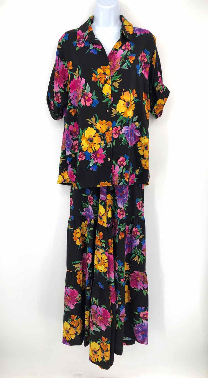 JOHNNY WAS Black Yellow Multi Silk Floral Top & Pants Size X-SMALL 2PC Set