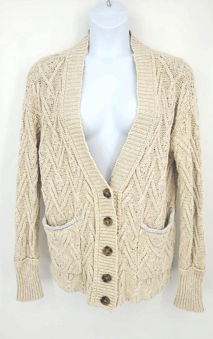 FREE PEOPLE Beige Gray Cotton Blend Cable knit Cardigan Size X-SMALL Sweater