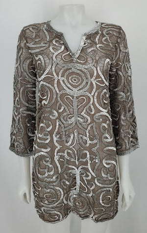 CALYPSO ST. BARTH Taupe Silver Lace Sequined Longsleeve Size SMALL (S) Top