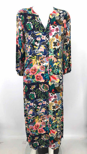 JOHNNY WAS Navy Green Multi Rayon Floral Puff Sleeves Size X-SMALL Dress