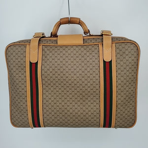 GUCCI Tan Red & Green Leather trim Vintage Monogram Suitcase