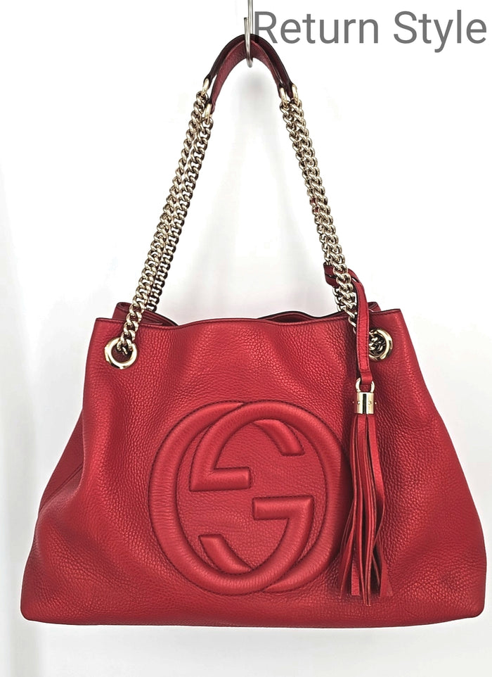 GUCCI Red Goldtone Pebbled Leather Pre Loved Chain Trim Tote 15" 5" 9.5" Purse