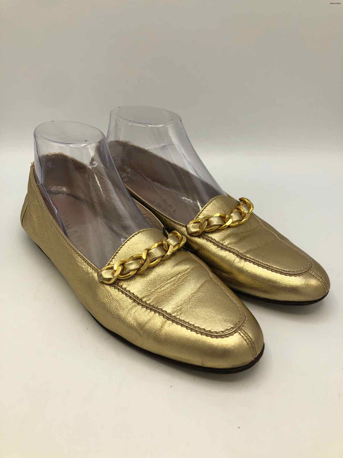 CHANEL Goldtone Leather Metallic Loafer Shoe Size 9 Shoes