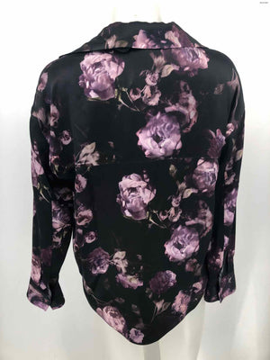 VINCE Black Purple Silk Floral V-Neck Size SMALL (S) Top