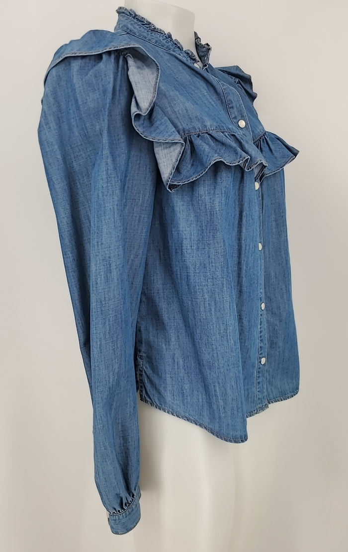 VERONICA BEARD Blue Chambray Ruffle Trim Longsleeve Size 2  (XS) Top