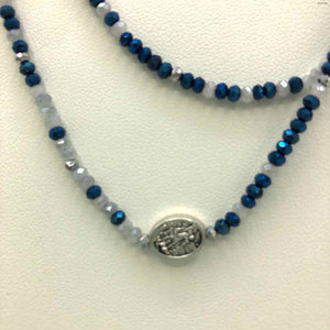 MY SAINT MY HERO Blue Silvertone "Crystal" Beaded 60" Necklace