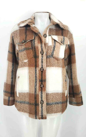 AVEC LES FILLES Tan Cream Multi Plaid Button Up Women Size SMALL (S) Jacket