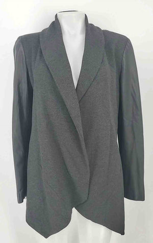 THEORY Gray Black Leather Trim Drape Front Women Size Petite (S) Jacket