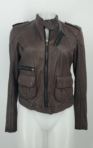 PRADA Chocolate Brown Black Leather Zip Up Moto Women Size SMALL (S) Jacket