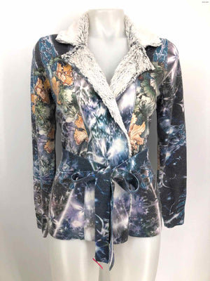 ALBERTO MAKALI Gray Blue Multi Furry Trim Print Snap Women Size SMALL (S) Jacket