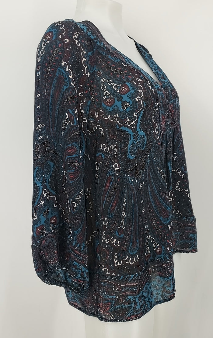 JOIE Black Teal Multi Silk Print Longsleeve Size SMALL (S) Top