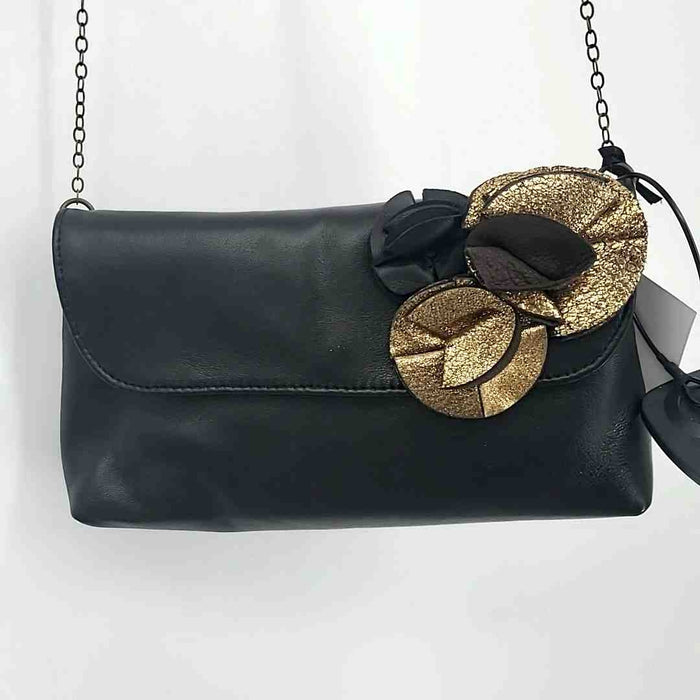 JOHANNA BRAITBART Black Goldtone Leather Has tag! Flower Evening Crossbody Purse