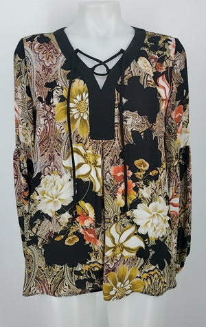 JOSEPH RIBKOFF Black Green Multi Floral Print Longsleeve Size 8  (M) Top