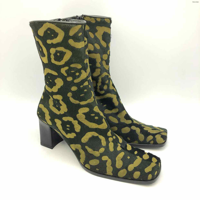 AGNES B. Olive Black Calf Hair Heels Print Bootie Shoe Size 37 US: 7 Shoes