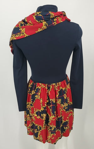 WOLFORD Navy Red Multi Longsleeve w/tie Size X-SMALL Dress