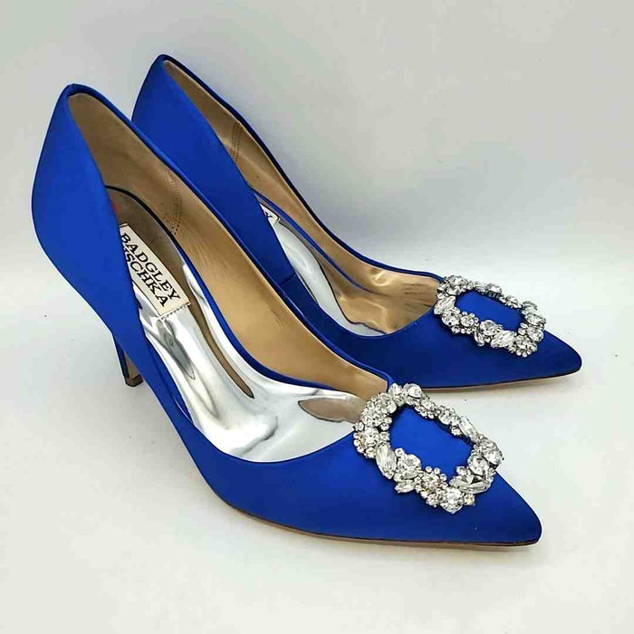 BADGLEY MISCHKA Royal Blue Silvertone Satin Pointed Toe Crystal Heels Shoes