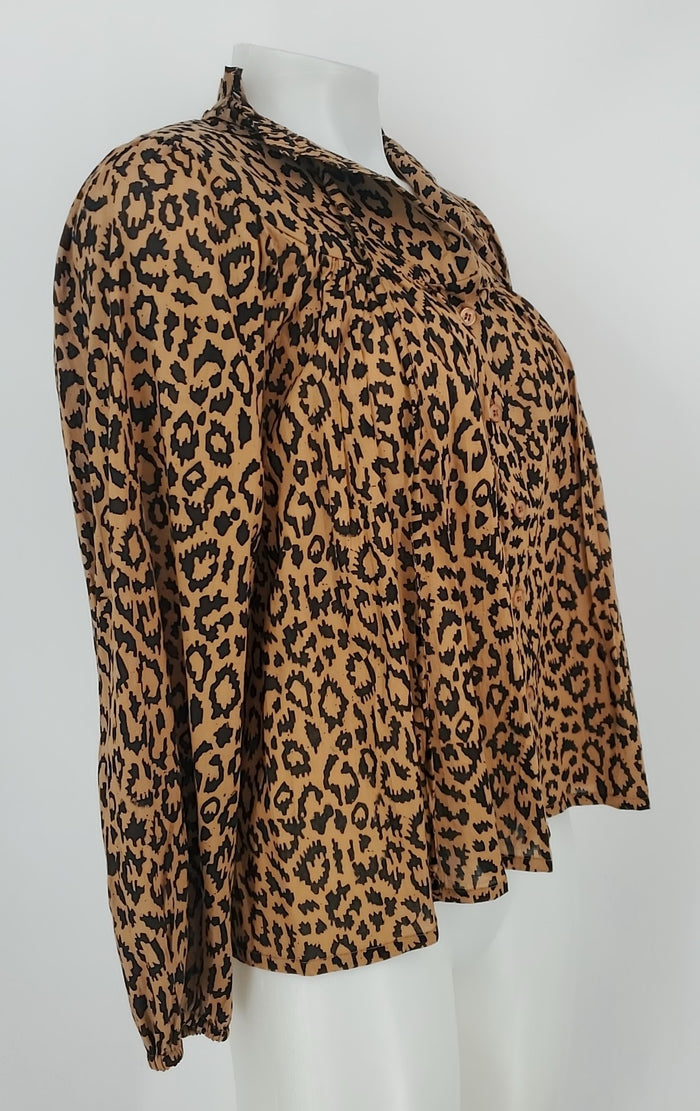 EMERSON FRY Tan Brown Black Made in India Animal Print Blouse Size SMALL (S) Top