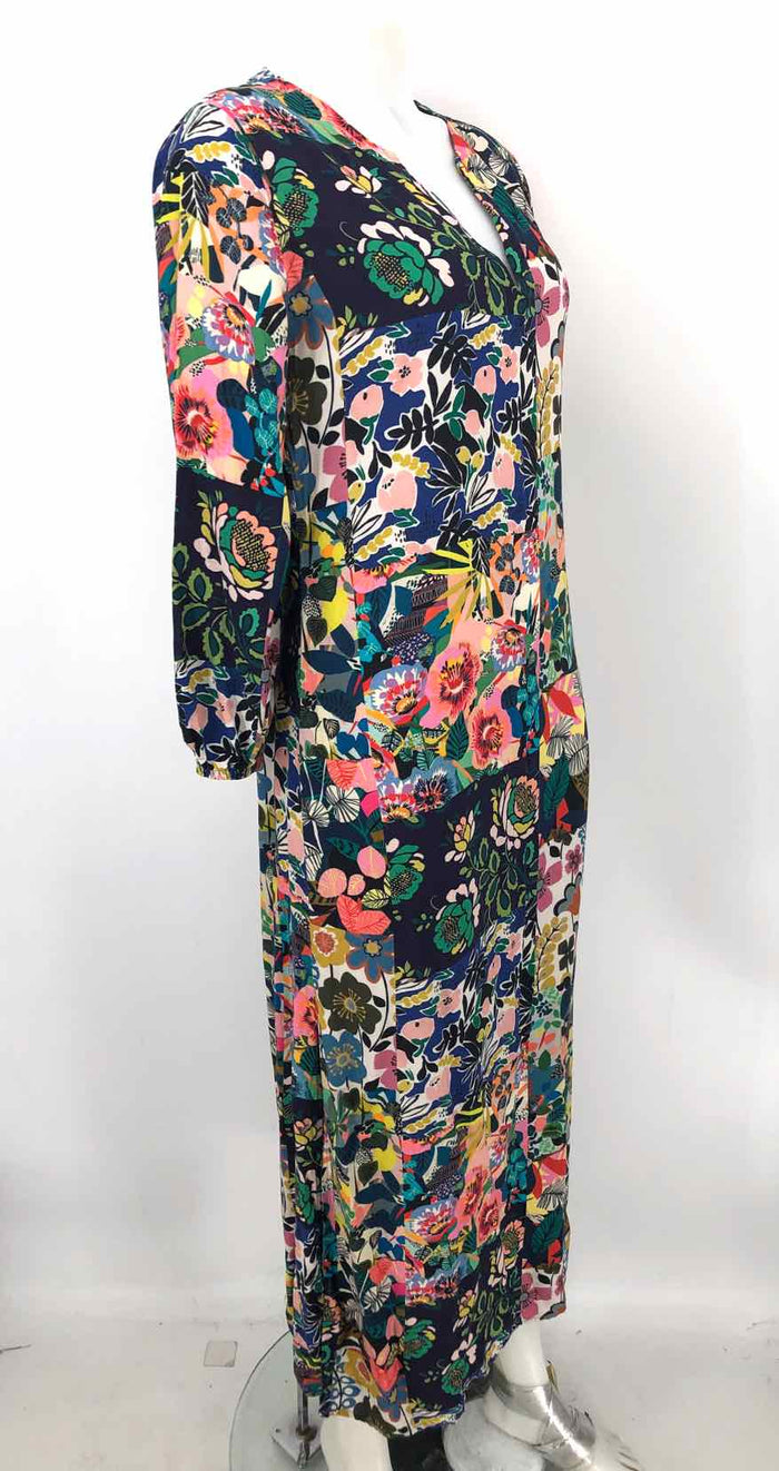 JOHNNY WAS Navy Green Multi Rayon Floral Puff Sleeves Size X-SMALL Dress