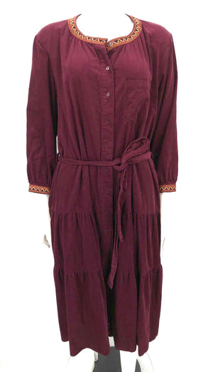 JOHNNY WAS Burgundy Corduroy Embroidered Trim w/belt Size X-LARGE Dress