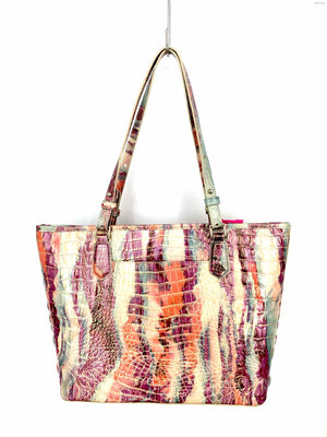 BRAHMIN Pink Beige & Gold Green Multi Embossed leather Dyed Print Tote Purse