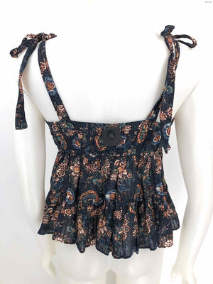 ULLA JOHNSON Navy Brown Multi Floral Tied Straps Size 4  (S) Top