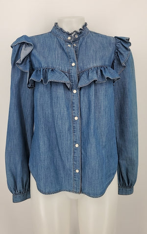 VERONICA BEARD Blue Chambray Ruffle Trim Longsleeve Size 2  (XS) Top