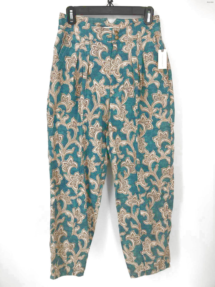 ANTHROPOLOGIE Teal Beige 100% Cotton Print Wide Leg Size 4  (S) Pants