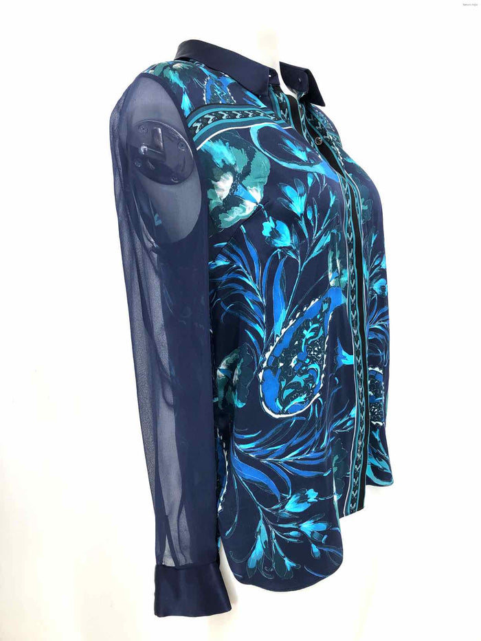 TAHARI Blue Turquoise Silk Print Button Up Size SMALL (S) Top