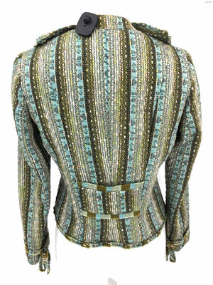 ECI New York Olive Green Blue Woven Ruffle Women Size 8 P (M) Jacket