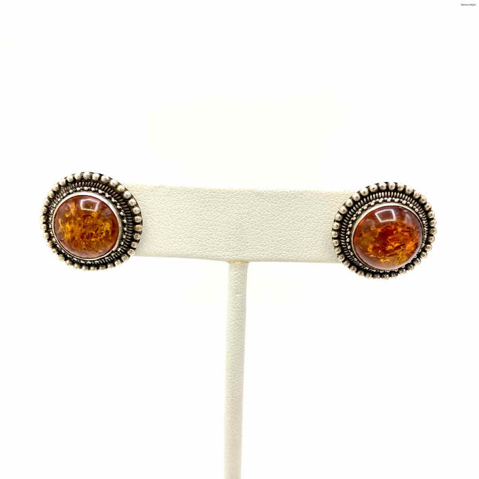 Orange Sterling Silver Amber Round Studs ss Earrings