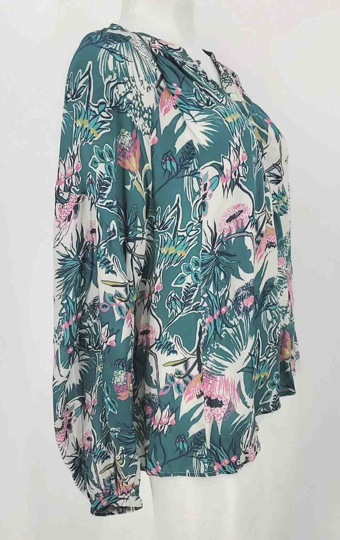 CHUFY MY AUSSIE DAYS Lt Gray Teal Multi Silk Print Longsleeve Size SMALL (S) Top