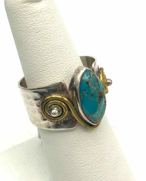 Turquoise Color Sterling Silver Gold Plated Hammered SZ 9.5 Ring SS