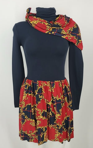 WOLFORD Navy Red Multi Longsleeve w/tie Size X-SMALL Dress