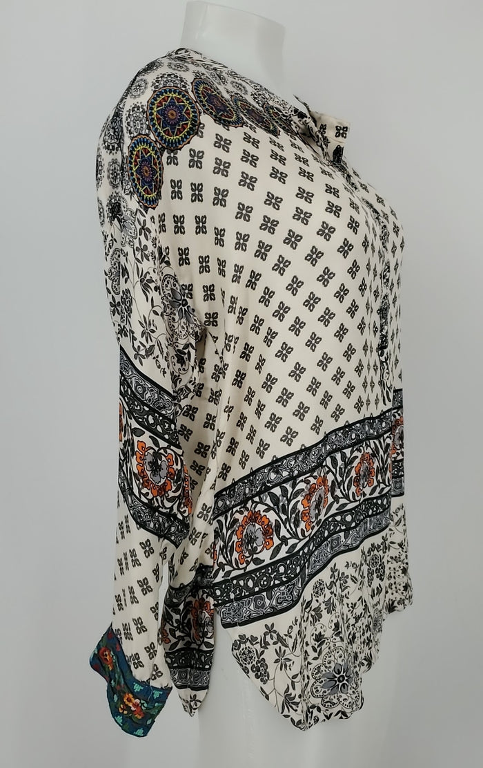 JOHNNY WAS White Gray Multi Silk Print Longsleeve Size X-SMALL Top