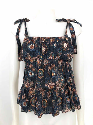 ULLA JOHNSON Navy Brown Multi Floral Tied Straps Size 4  (S) Top