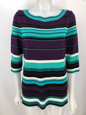 ST. JOHN Purple Multi Green Wool Blend Stripe 3/4 Sleeve Size MEDIUM (M) Sweater