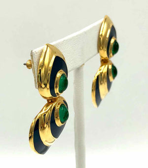 Goldtone Green Enamel Vintage Earrings