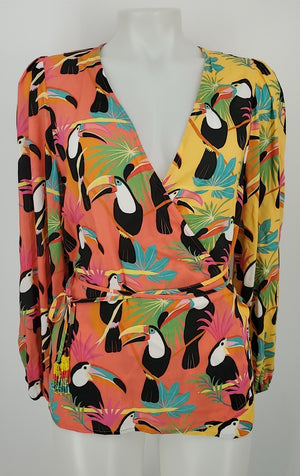 FARM RIO Orange & Yellow Black Multi Toucan Wrap Size MEDIUM (M) Top