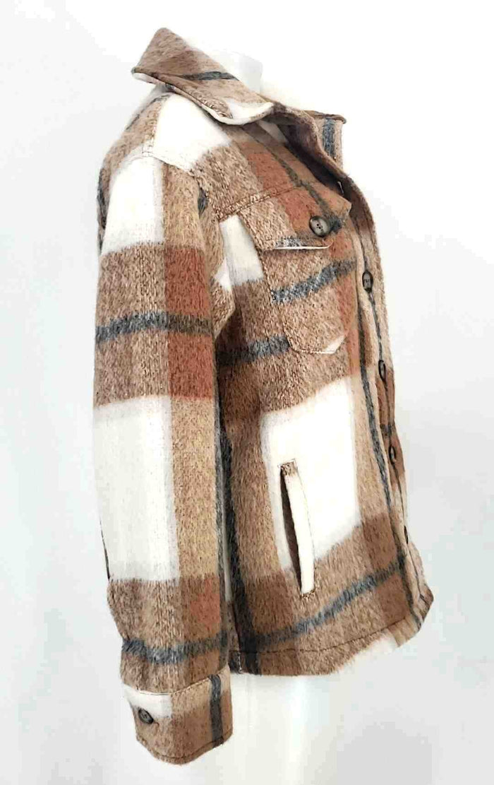 AVEC LES FILLES Tan Cream Multi Plaid Button Up Women Size SMALL (S) Jacket