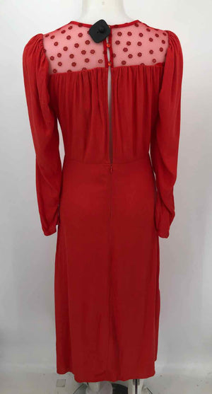 NSR Red Mesh Trim Puff Sleeves V-Neck Size SMALL (S) Dress